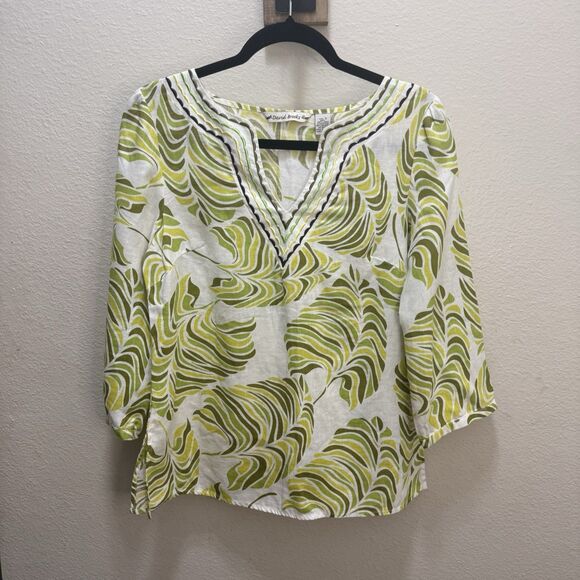David Brooks Women's Small 100% Linen Blouse Tropical Bohemian Green Shades - Picture 1 of 9